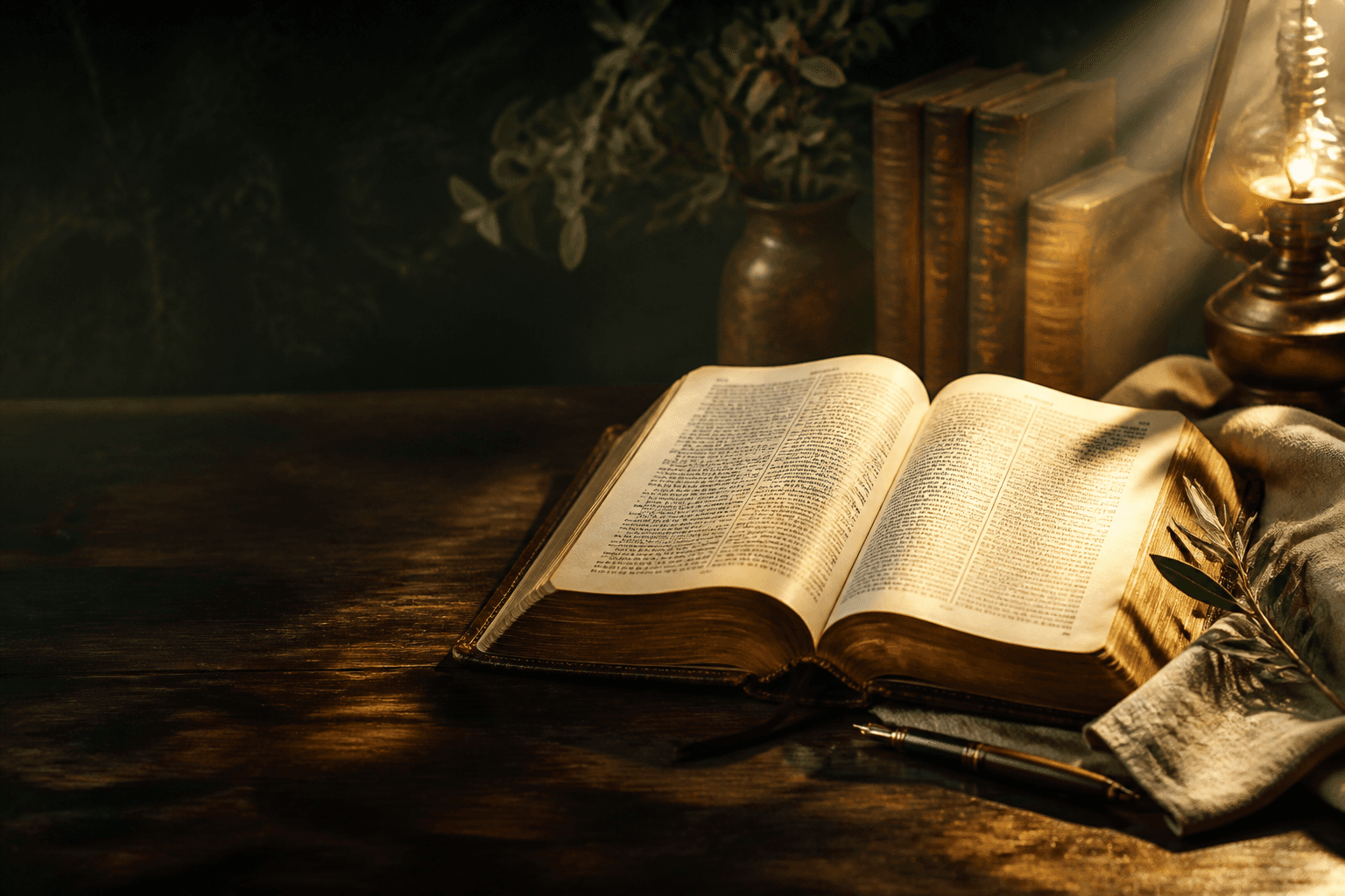 Open Bible on a study desk in warm gold light